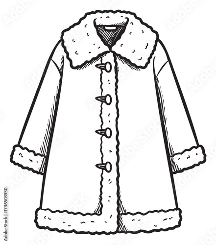 Hand-drawn winter coat illustration with fur collar and buttons in black and white – retro hand drawn illustration
