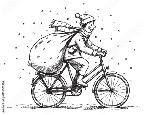 Festive caucasian male santa bicyclist in snowy scene wearing scarf and hat – retro hand drawn illustration
