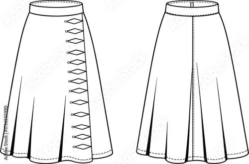 Flared skirt fashion technical flat sketch with front lace up detail and back zipper design vector illustration for clothing design