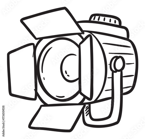 Black and white sketch of a studio spotlight with barn doors – retro hand drawn illustration