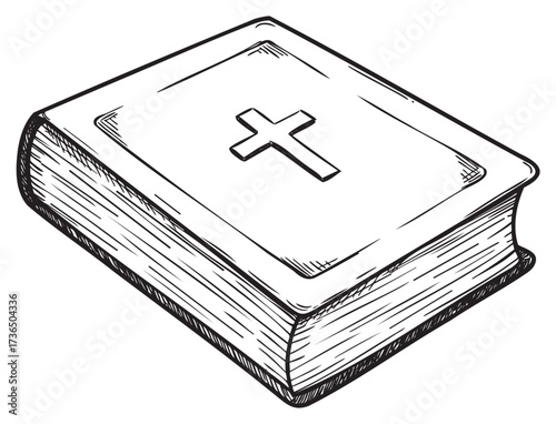Black and white sketch of a holy bible with cross on cover – retro hand drawn illustration