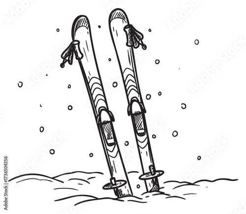 Black and white sketch of snow-covered skis in falling snowflakes – retro hand drawn illustration