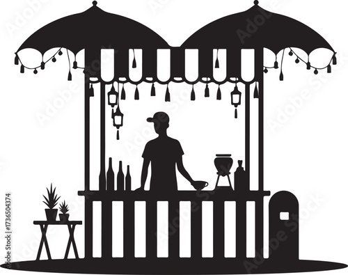 Silhouette of a person at a market stall with umbrellas and lanterns
