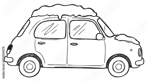 Vintage compact car with snow-covered roof in black and white sketch – retro hand drawn illustration