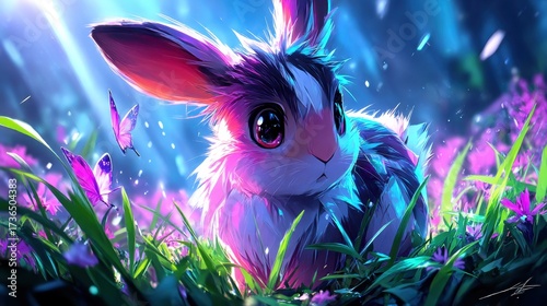 Stylized pink and blue rabbit with large eyes in vibrant purple grass with butterflies, digital art style