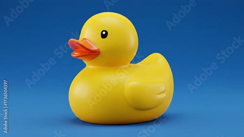 A bright yellow rubber duck with an orange beak is rendered in 3D, standing alone in the center of a clean, blue background, symbolizing fun, childhood, and bathing, as it is gently squeezed in a loop