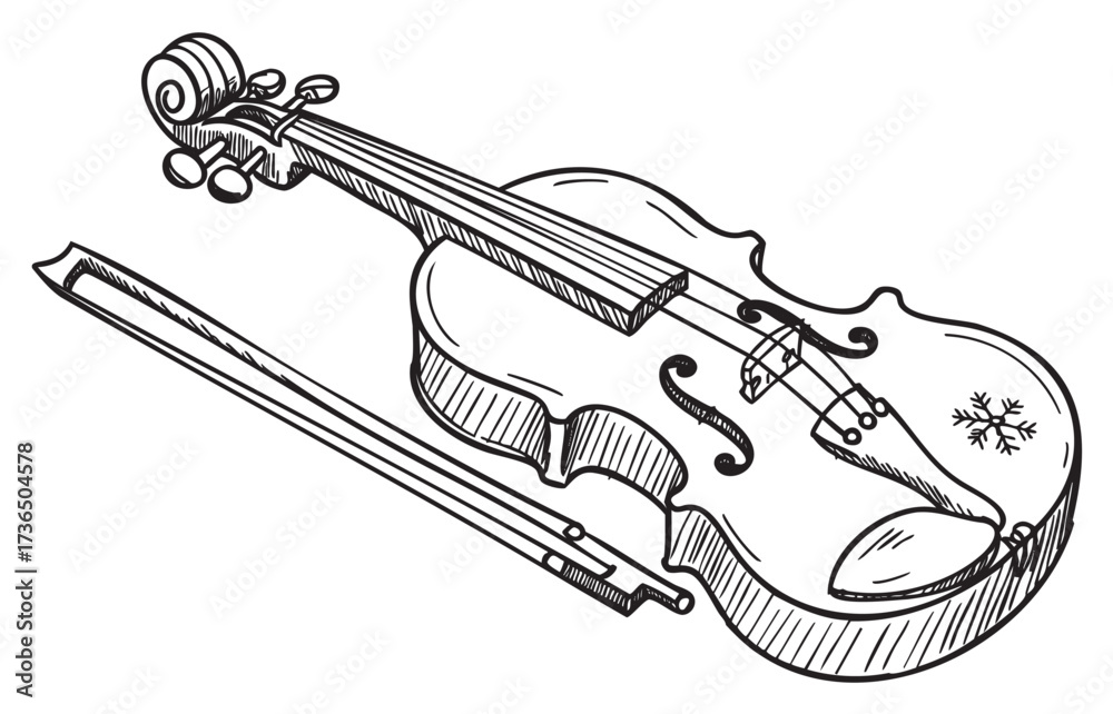 Obraz premium Hand-drawn violin with bow and snowflake design – retro hand drawn illustration