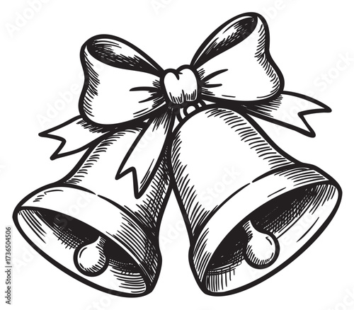 Vintage christmas bells with ribbon in black and white illustration – retro hand drawn illustration