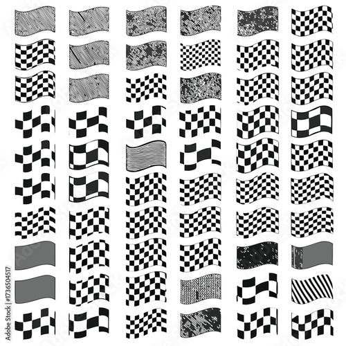 Checkered, chequered waving, wavy racing flag with different desinty squares. Squares pattern flag. Finish line, championship flag set

