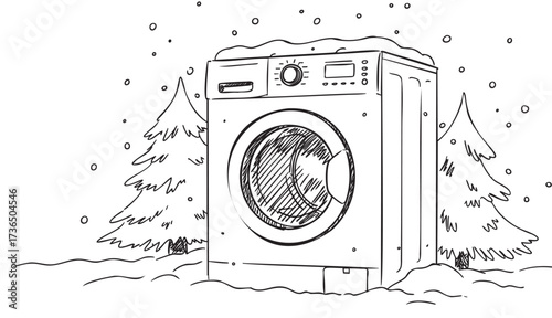 Washing machine in winter scene with snow and pine trees – retro hand drawn illustration