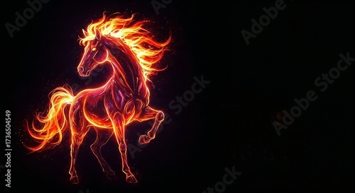Fiery horse illustration with flowing mane on black background for New Year 2026, the year of the fiery horse  
