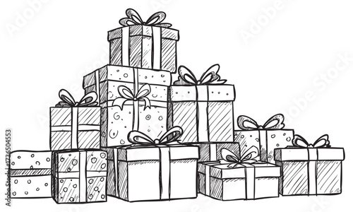 Stack of gift boxes with ribbons and patterns in sketch style – retro hand drawn illustration