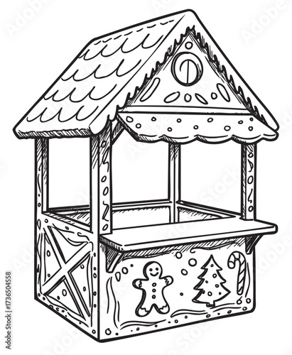 Gingerbread-themed market stall with decorative holiday motifs – retro hand drawn illustration