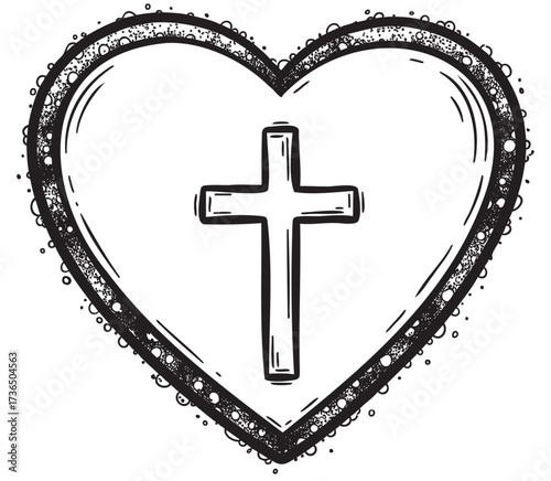 Hand-drawn cross in heart symbolizing faith and love – retro hand drawn illustration