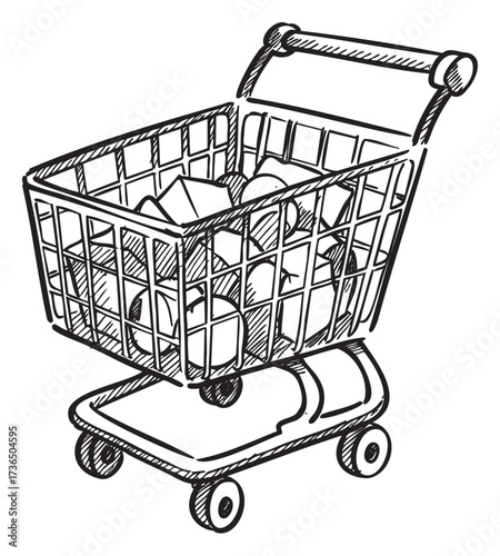 Hand-drawn shopping cart filled with groceries in black and white sketch style – retro hand drawn illustration