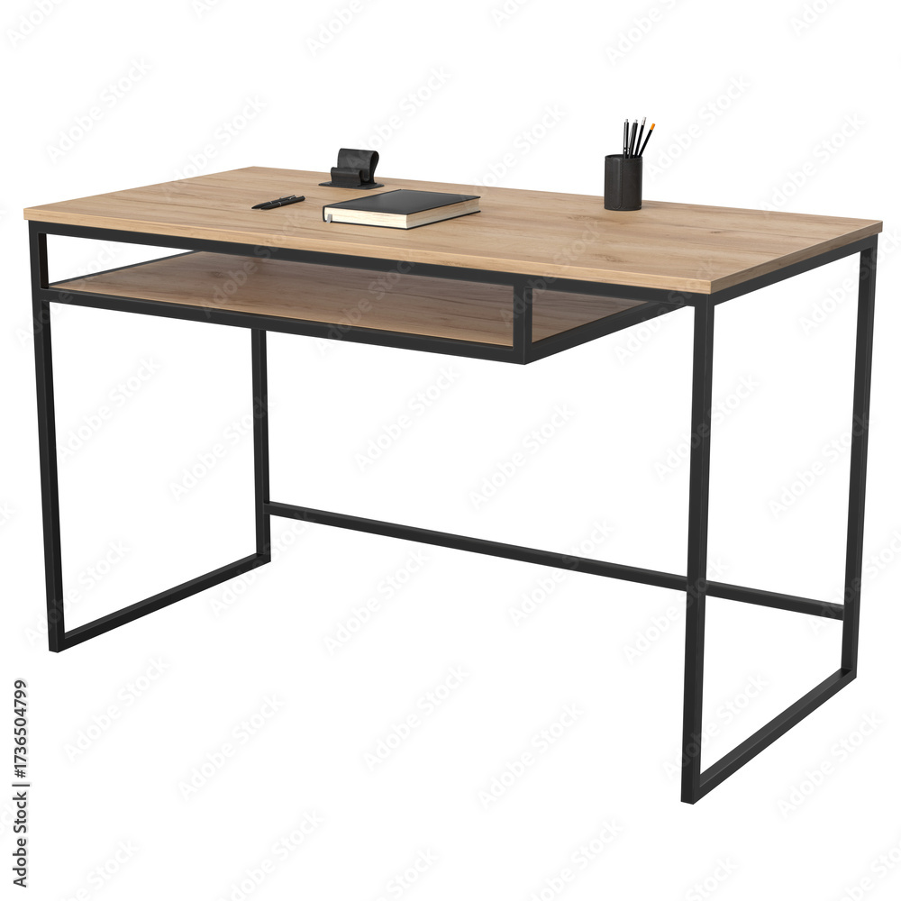 Fototapeta premium Stylish loft style desk with a sturdy metal frame and wooden top. Perfect for home office, study or creative studio. Modern design and functionality in one.