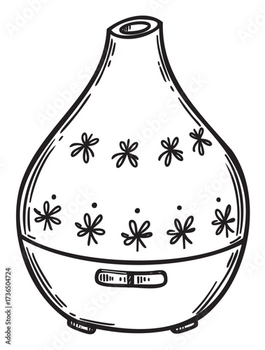 Hand-drawn aromatherapy diffuser with floral pattern in black and white line art – retro hand drawn illustration