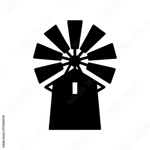 Black Silhouette of a Traditional Windmill against a Clean White Background