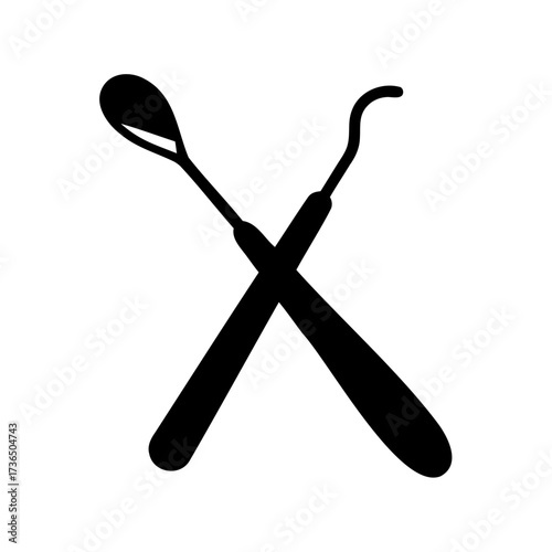 Silhouette of a Dental Mirror and Probe Crossing Each Other on White