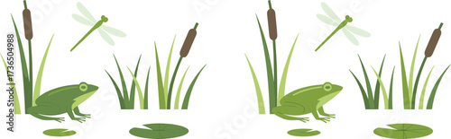 Two identical pond scenes with frogs, dragonflies, and cattails nature wildlife