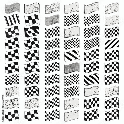 Checkered, chequered waving, wavy racing flag with different desinty squares. Squares pattern flag. Finish line, championship flag set

