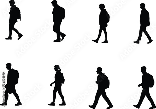 Silhouette people walking with backpacks, diverse pedestrians in motion, urban lifestyle concept, human gait study, crowd movement illustration, vector design