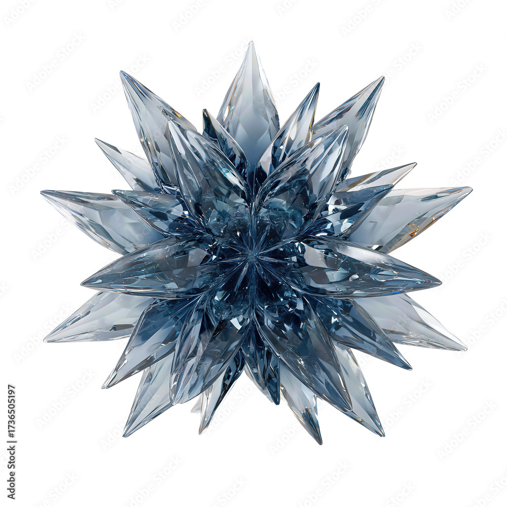 Fototapeta premium Radial glass-crystal bloom with icy blue facets and prismatic edges isolated on transparent background. 