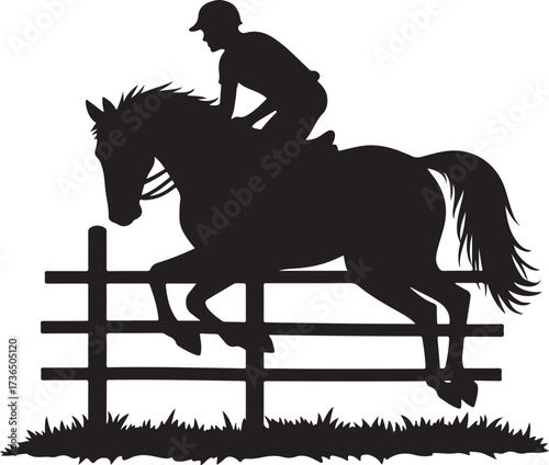 Silhouette of a horse and rider jumping a fence equestrian
