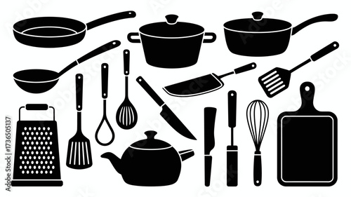 Kitchen Utensils and Cookware Black and White Collection for Cooking and Food Preparation Concepts