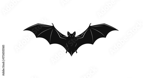 A black bat with wings spread wide, isolated on a white background, centered.