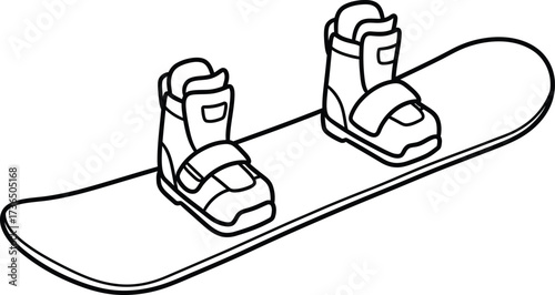 A black and white illustration of a snowboard with bindings and boots attached, ready for winter sports.