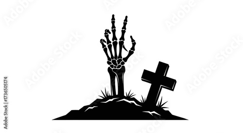 A skeleton hand emerges from a grave near a cross, depicted in black and white.