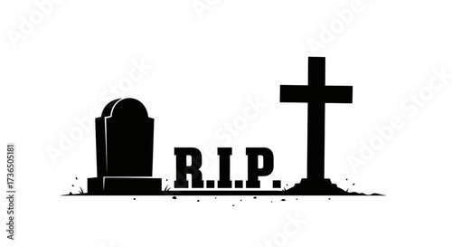 Illustration of a tombstone, the letters R.I.P., and a Christian cross, all in black silhouette against a white background.