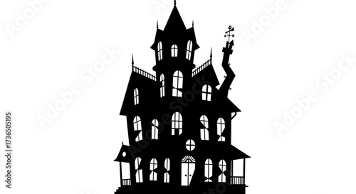 Silhouette of a spooky, gothic-style house with many windows and a crooked chimney.