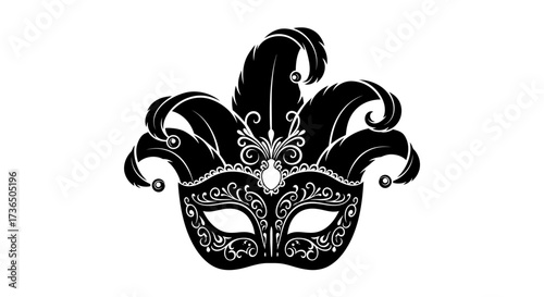 Elegant black and white masquerade mask with ornate detailing and feathered plumes.
