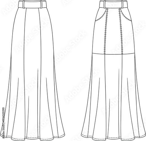Long flared skirt fashion flat sketch with waistband and panel seams technical drawing vector illustration front and back view