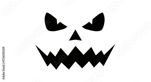 Carved pumpkin face with sharp teeth, triangular nose, and menacing eyes on a white background.