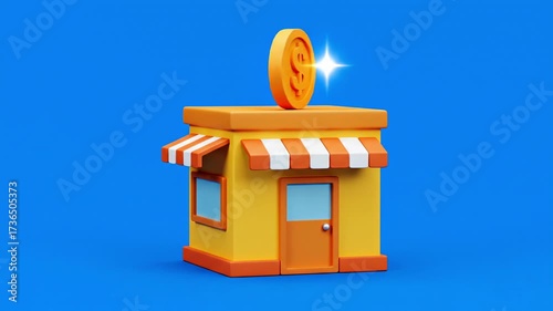 A 3D model of a yellow storefront with a striped awning acts as a piggy bank, with a golden coin going into the roof, symbolizing small business savings and retail investment. loop video


