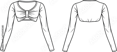 Long sleeve crop top fashion flat sketch with front knot detail and fitted back vector technical clothing illustration design