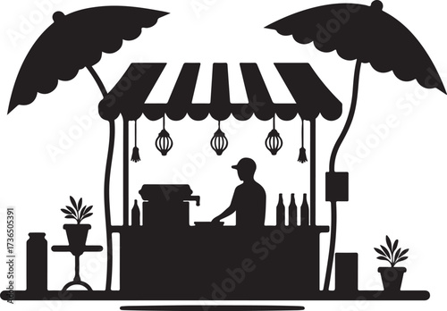 Silhouette of a food stall with a vendor and umbrellas
