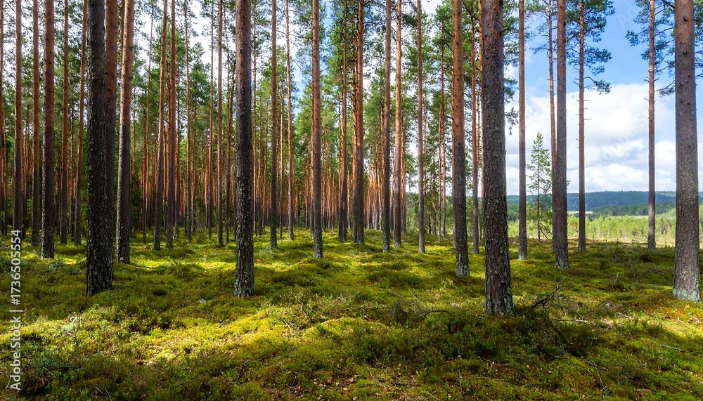Fototapeta premium Pine forest floor in sunlight