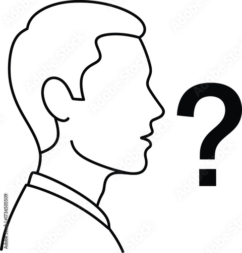 A black and white line drawing of a man's profile with a question mark next to his head.