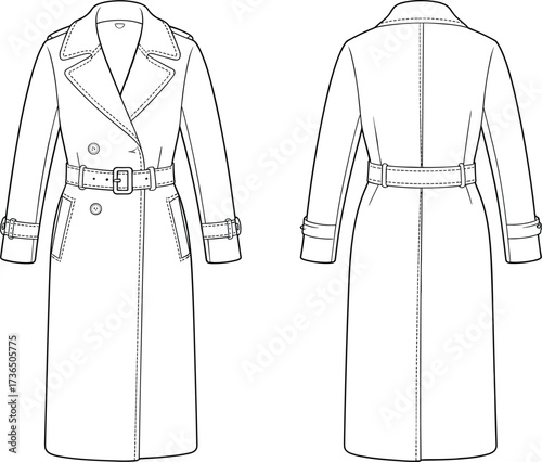 Long trench coat fashion flat sketch with belt, collar and button details front and back technical clothing vector illustration