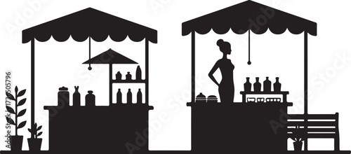 Silhouette market stalls with woman and products vendor