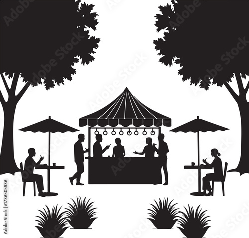 Outdoor market stall with people dining under trees