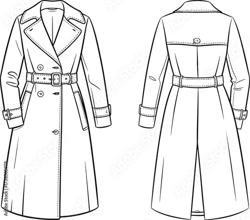 Long trench coat flat fashion vector illustration showing front and back views with belt, collar, buttons, pockets, and sleeve details