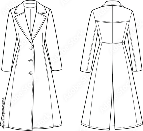 Long trench coat fashion flat sketch vector illustration front and back view technical drawing outerwear apparel design template