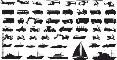 A vector set of fishing boats includes silhouette illustration and symbol elements for design