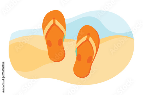 Orange FlipFlops on Stylized Sandy Beach, Summer Vacation Footwear, Relaxing Beach