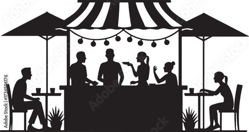 Outdoor cafe scene with people dining under striped awning and umbrellas